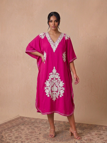 Magenta & White Floral Rayon Cotton Aari Embroidered Kaftan