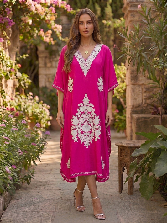 Magenta & White Floral Rayon Cotton Aari Embroidered Kaftan