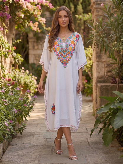 White Floral Design Aari Embroidered Rayon Cotton Kaftan