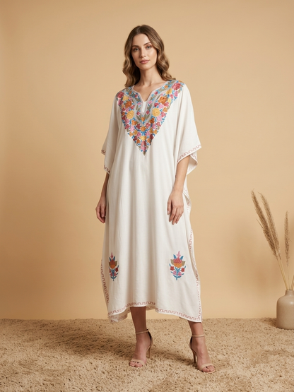 White Floral Design Aari Embroidered Rayon Cotton Kaftan