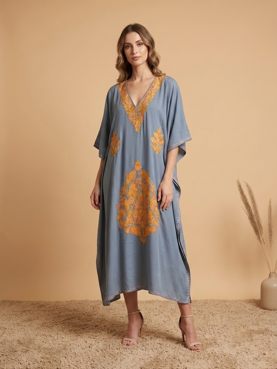 Grey & Mustard Aari Embroidered Rayon Cotton Kaftan