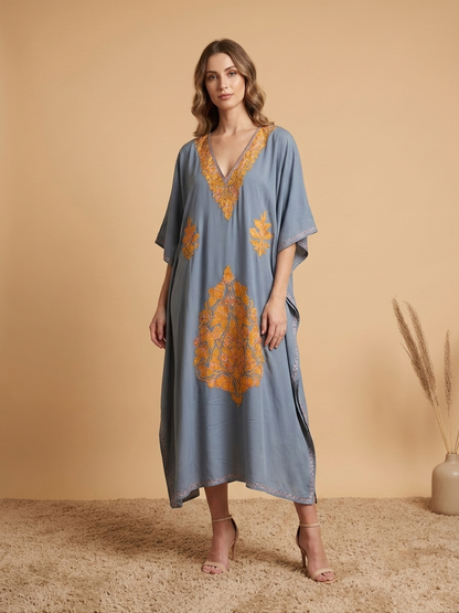 Grey & Mustard Aari Embroidered Rayon Cotton Kaftan
