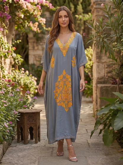 Grey & Mustard Aari Embroidered Rayon Cotton Kaftan