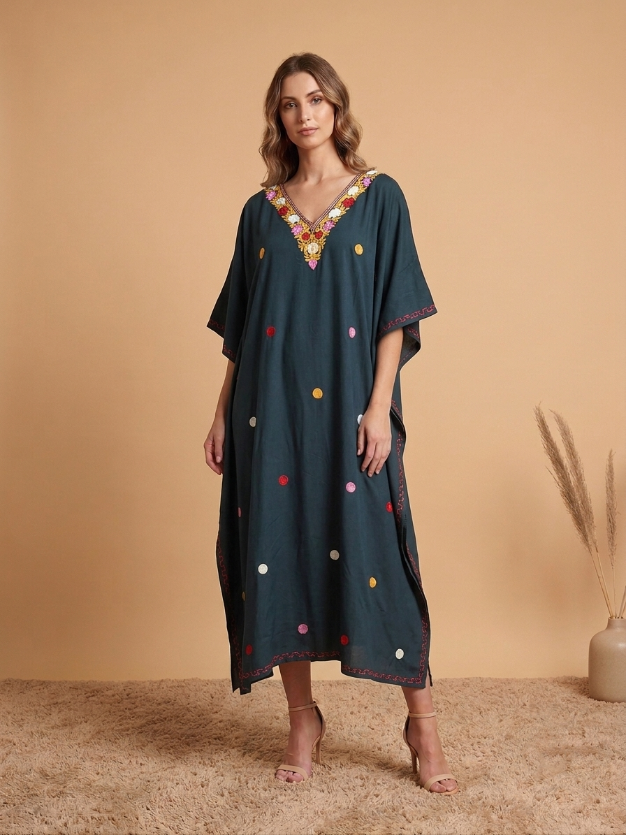 Army Black Green Aari Embroidered Rayon Cotton Dotted Kaftan
