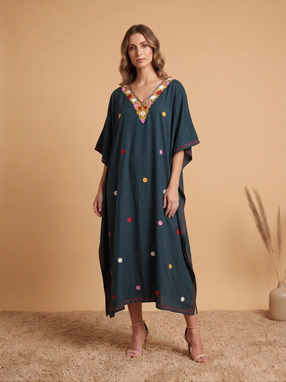 Army Black Green Aari Embroidered Rayon Cotton Dotted Kaftan