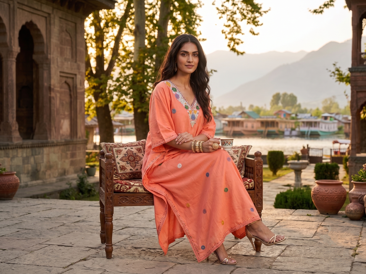Peach Aari Embroidered Rayon Cotton Dotted Kaftan