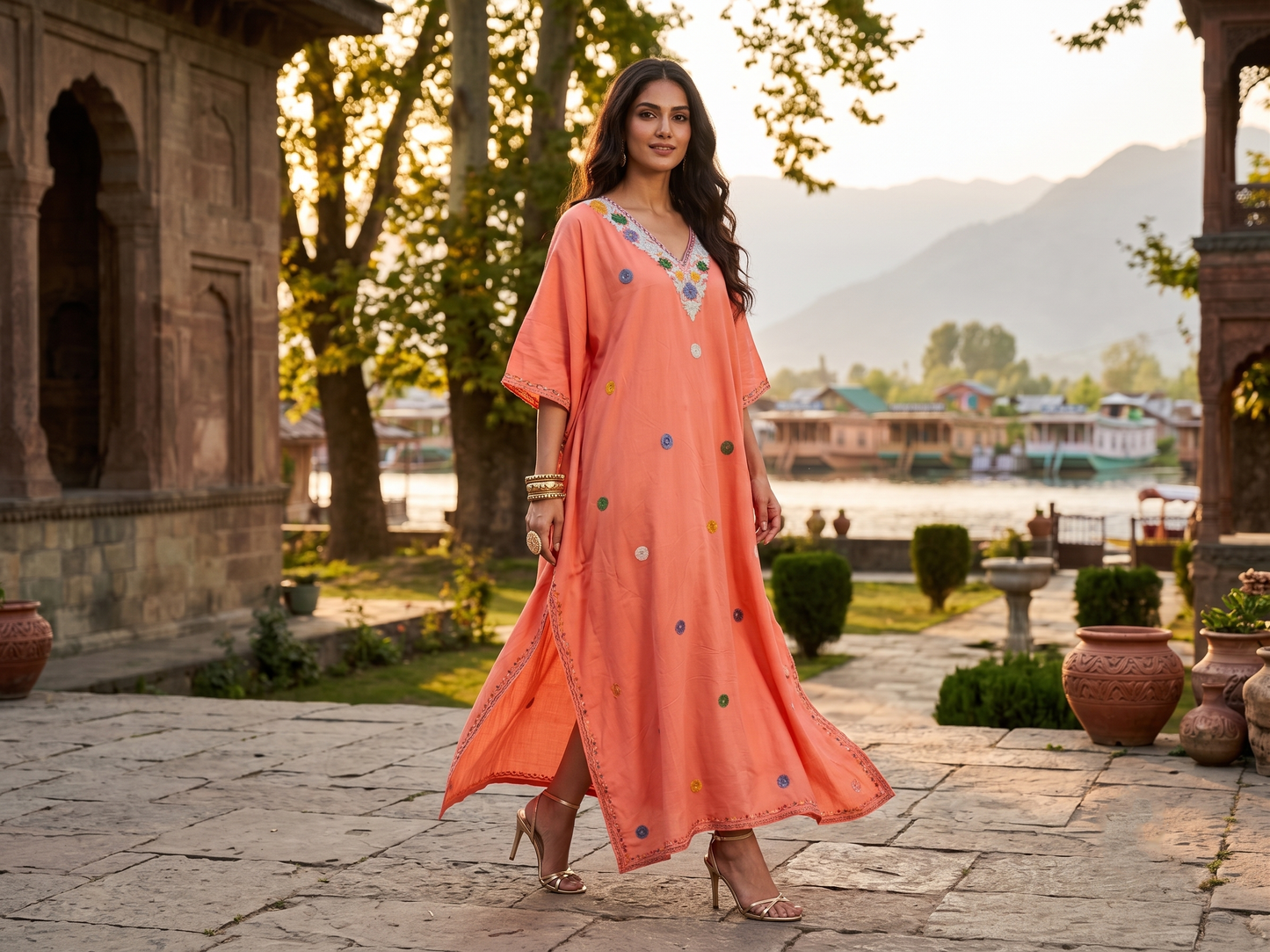 Peach Aari Embroidered Rayon Cotton Dotted Kaftan