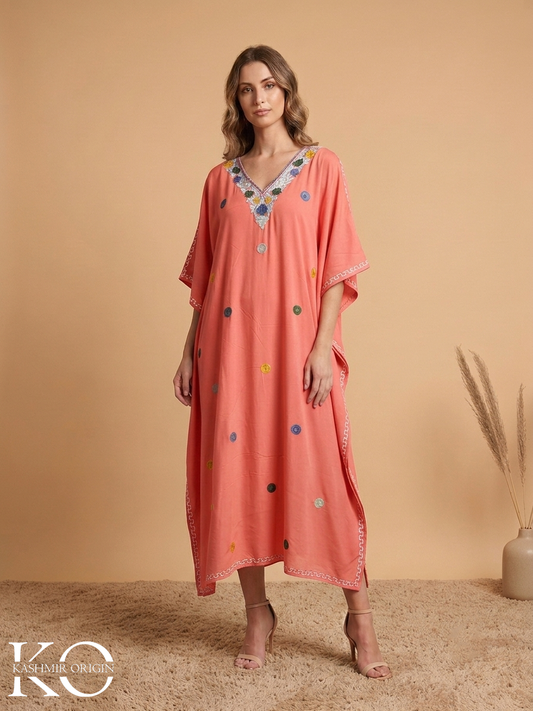Peach Aari Embroidered Rayon Cotton Dotted Kaftan