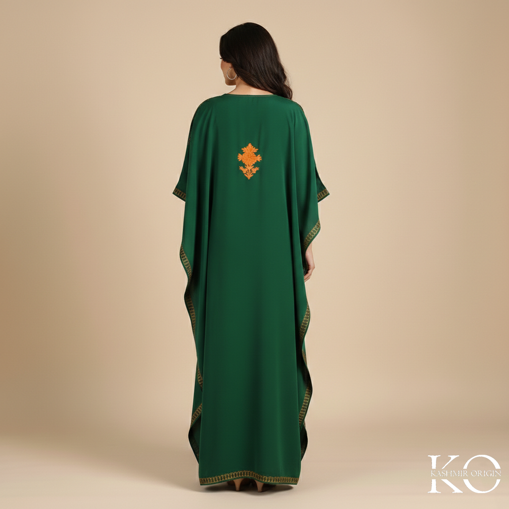 Green Aari Embroidered Silk Crepe Kaftan | Designed For Hot Summers | Arabian Style kaftan | Women's Kaftan | made in Kashmir
