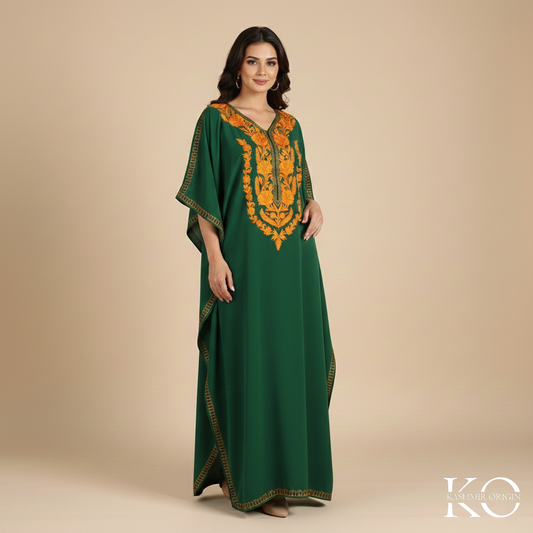 Green Aari Embroidered Silk Crepe Kaftan | Designed For Hot Summers | Arabian Style kaftan | Women's Kaftan | made in Kashmir
