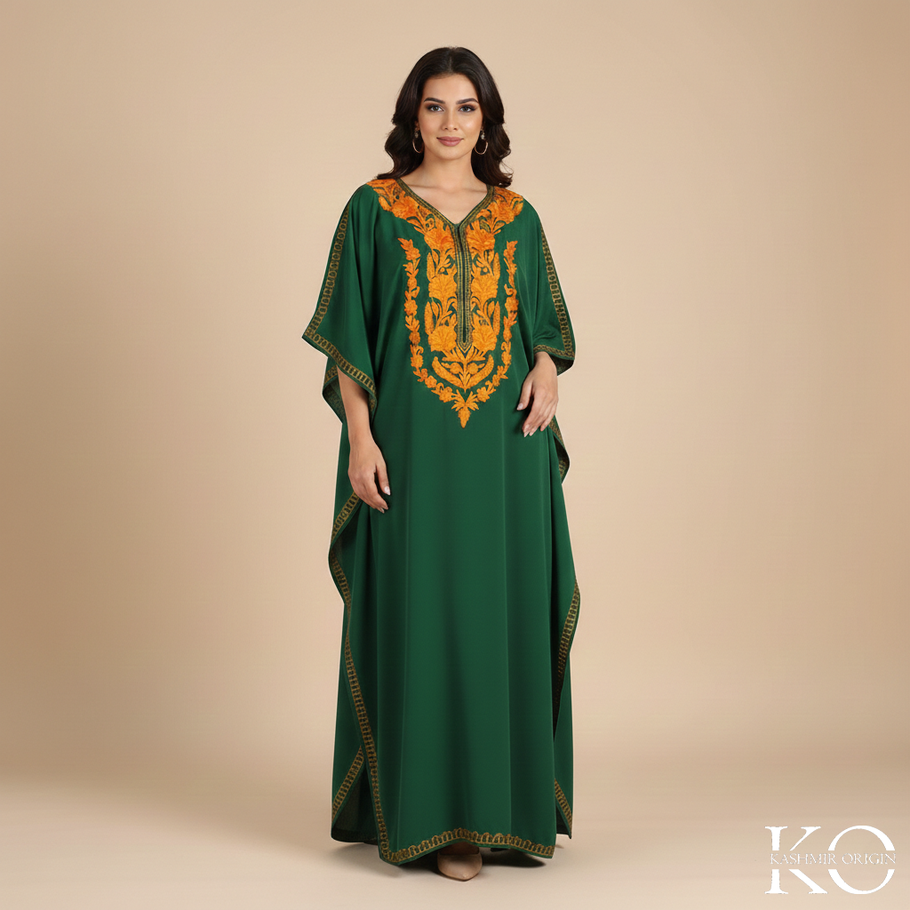 Green Aari Embroidered Silk Crepe Kaftan | Designed For Hot Summers | Arabian Style kaftan | Women's Kaftan | made in Kashmir