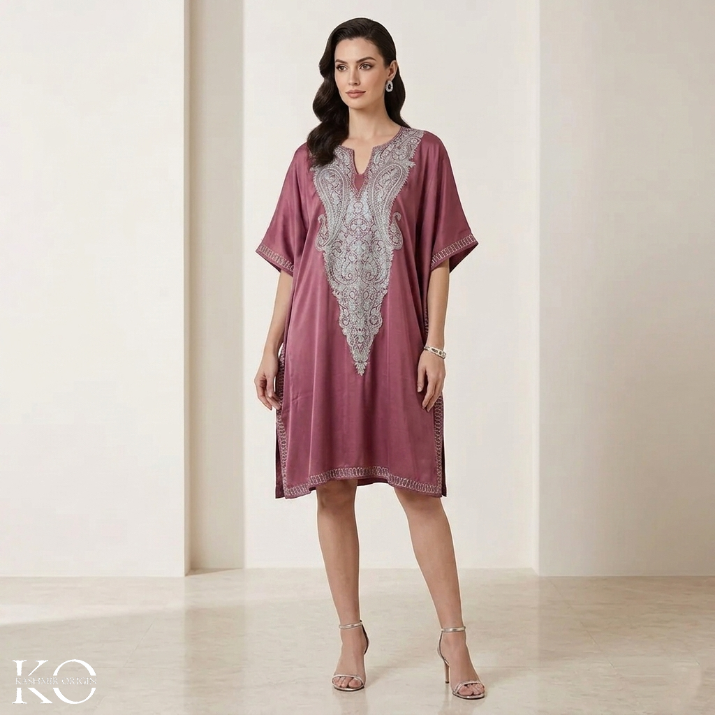 Maroon Aari Embroidered Silk Kaftan