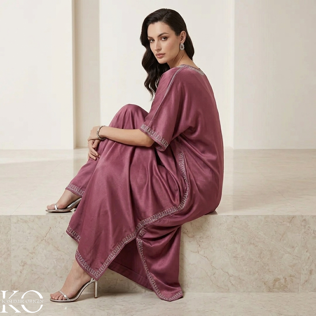 Maroon Aari Embroidered Silk Kaftan