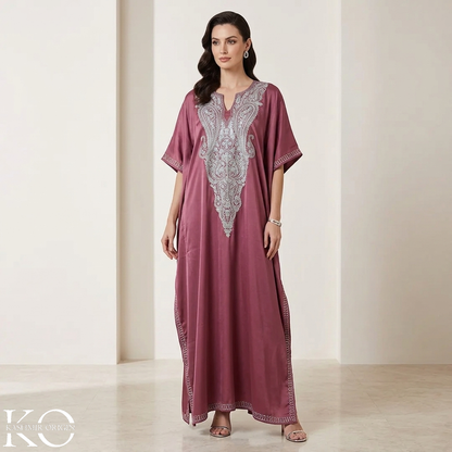 Maroon Aari Embroidered Silk Kaftan