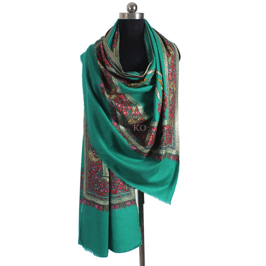 Green Base Zari and sozni Embroidered Cashmere Pashmina Shawl