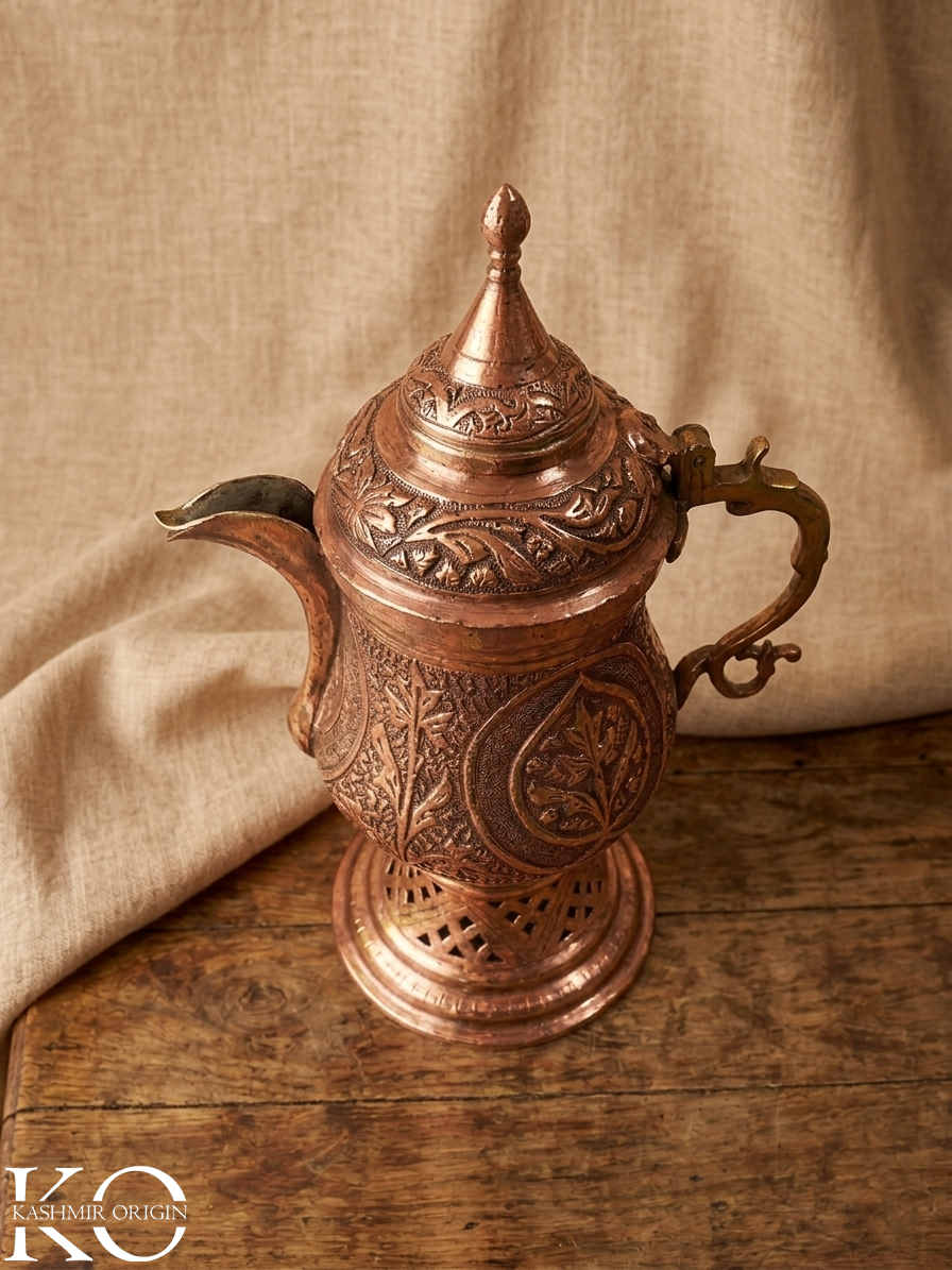 Kashmiri Copper Samovar (4–5 Cups) | Handcrafted Chinar Design Tea Urn | Hand Made Samavar | Hand Engraved Copper Kettle