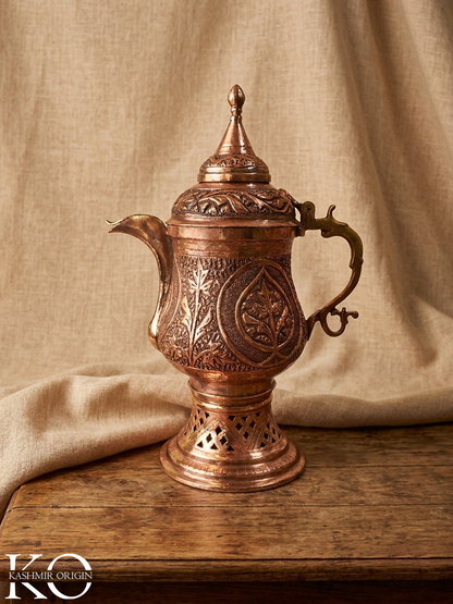 Kashmiri Copper Samovar (4–5 Cups) | Handcrafted Chinar Design Tea Urn | Hand Made Samavar | Hand Engraved Copper Kettle
