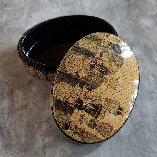 Ovel shape Mughal Darbar Design Handmade Paper Mache Box Meter box | Flat Box | Intense Design kashmir Art