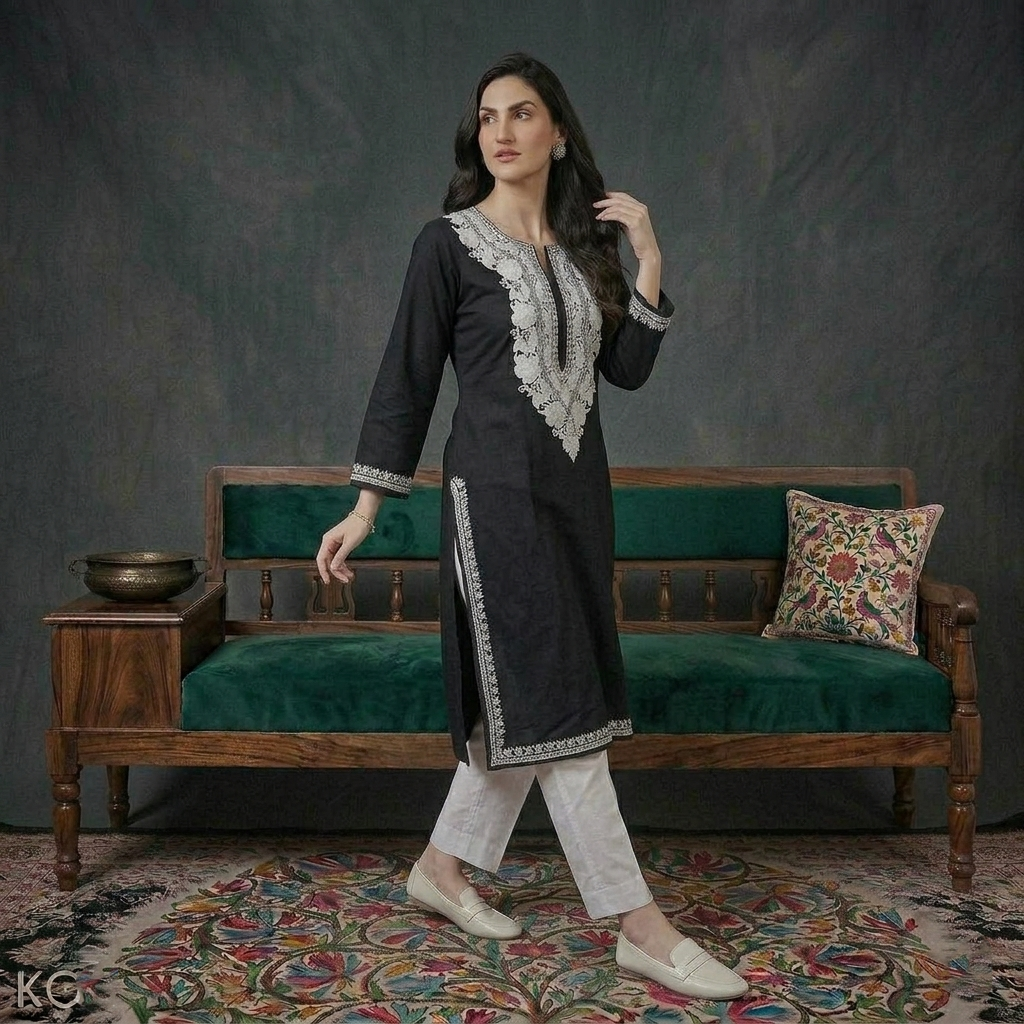 Black Floral White Ari Embroidered Cotton Kurti