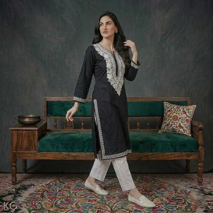 Black Floral White Ari Embroidered Cotton Kurti