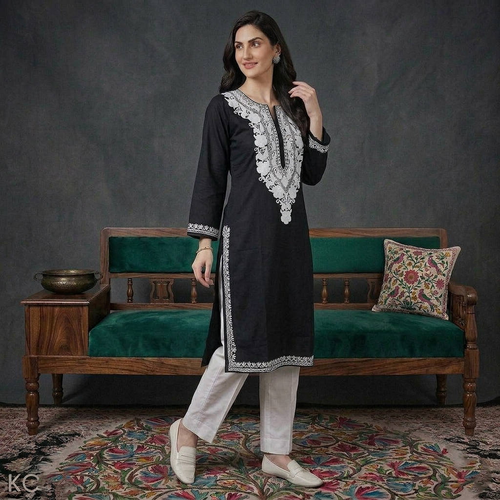 Black Floral White Ari Embroidered Cotton Kurti