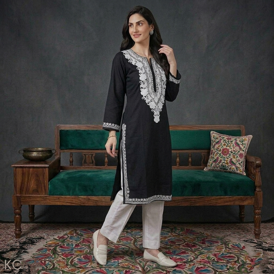 Black Floral White Ari Embroidered Cotton Kurti