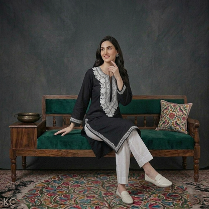 Black Floral White Ari Embroidered Cotton Kurti
