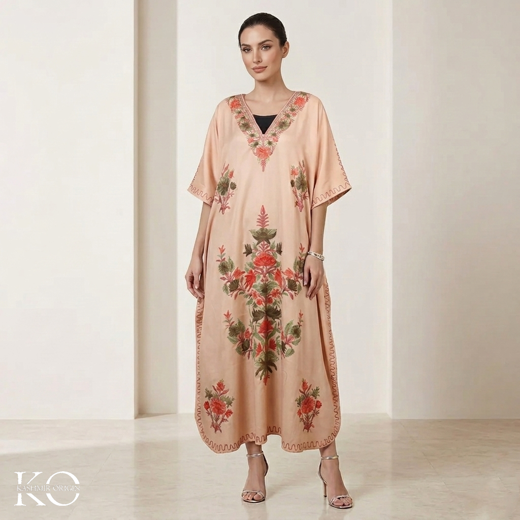 Tan Floral Deisgn Aari Embroidered Kashmiri Crepe Kaftan | Summer Kaftans