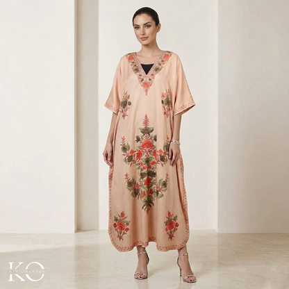 Tan Floral Deisgn Aari Embroidered Kashmiri Crepe Kaftan | Summer Kaftans