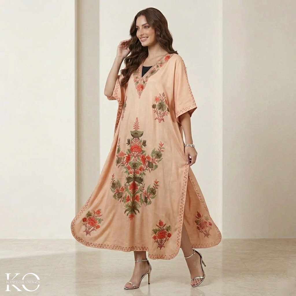 Tan Floral Deisgn Aari Embroidered Kashmiri Crepe Kaftan | Summer Kaftans