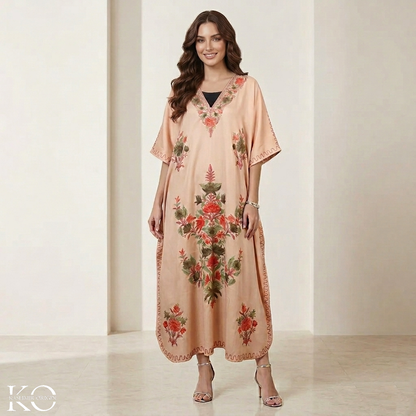 Tan Floral Deisgn Aari Embroidered Kashmiri Crepe Kaftan | Summer Kaftans