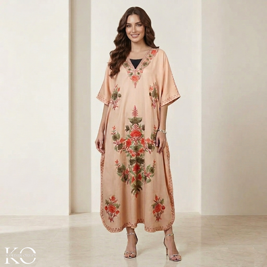 Tan Floral Deisgn Aari Embroidered Kashmiri Crepe Kaftan | Summer Kaftans