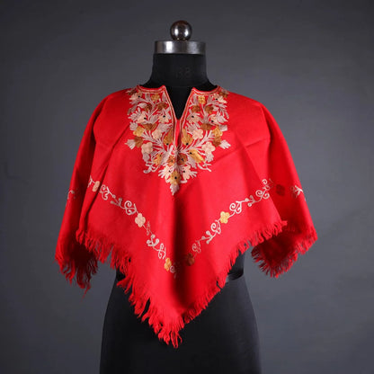 Red Poncho with Aari Embroidery, Kashmir Embroidery
