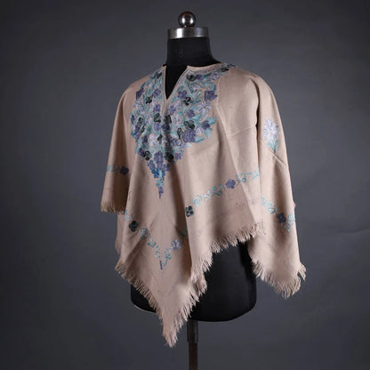 Tan Poncho with Aari Embroidery, Kashmir Embroidery