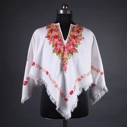 White Poncho Floral Design with Kashmir Aari Embroidery