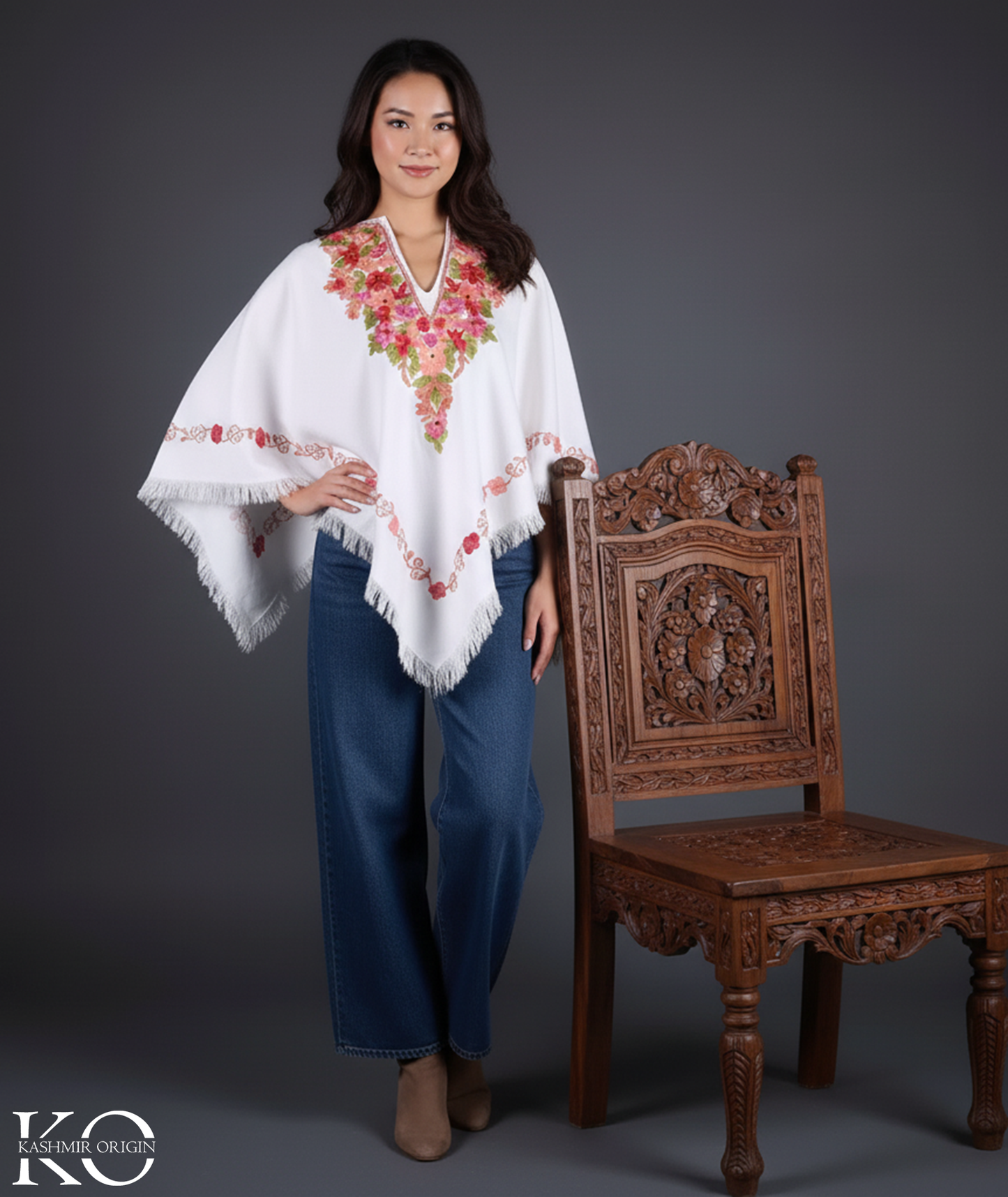 White Poncho Floral Design with Kashmir Aari Embroidery