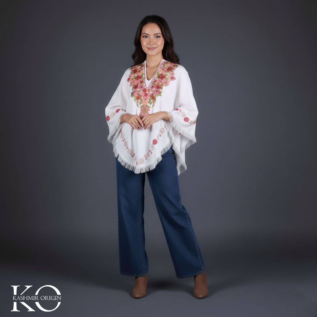 White Poncho Floral Design with Kashmir Aari Embroidery