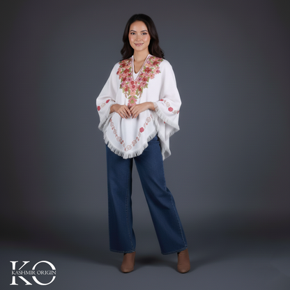 White Poncho Floral Design with Kashmir Aari Embroidery