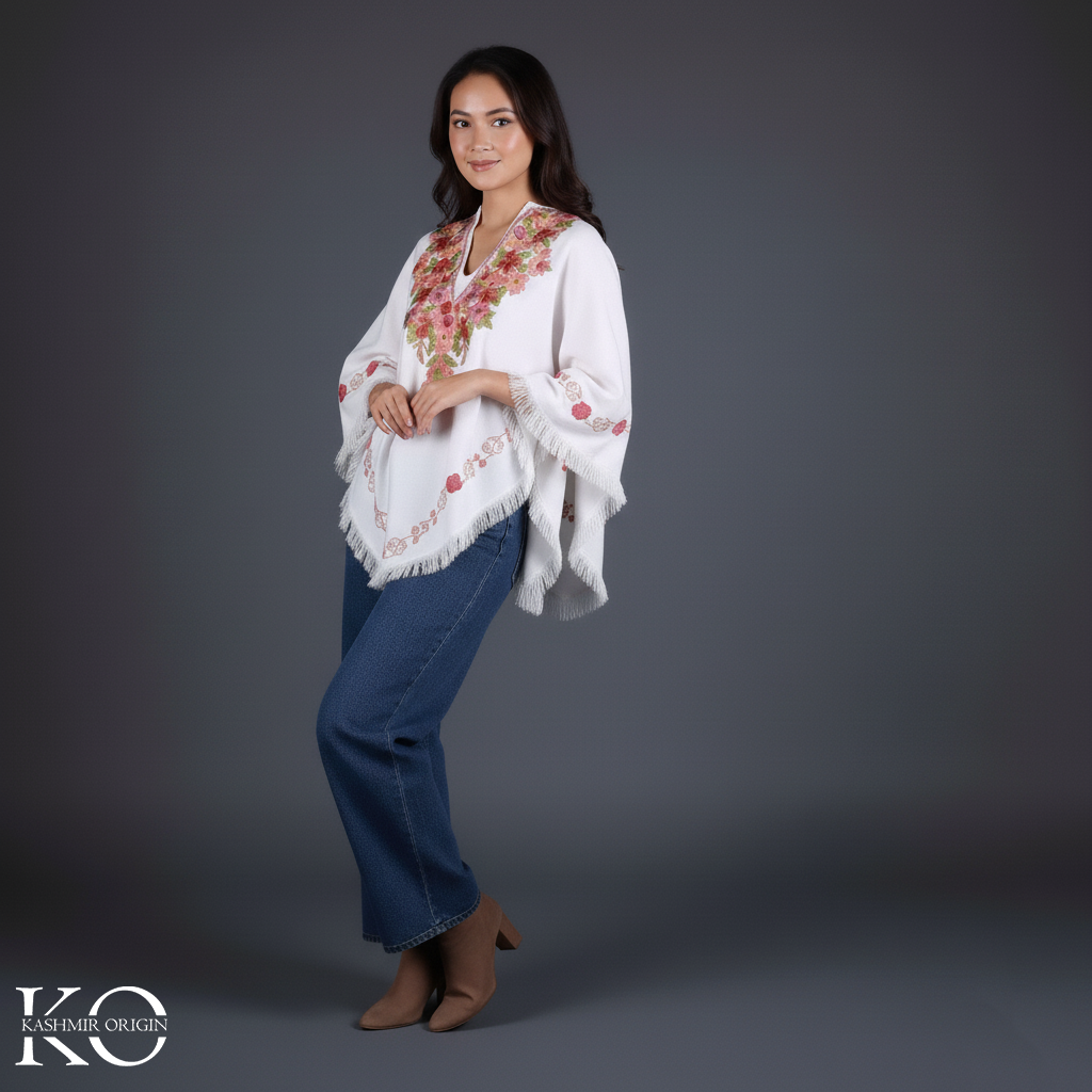 White Poncho Floral Design with Kashmir Aari Embroidery