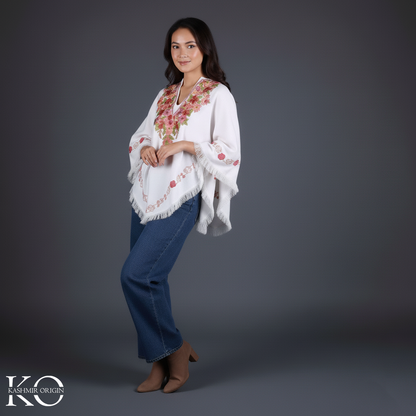White Poncho Floral Design with Kashmir Aari Embroidery