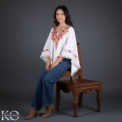 White Poncho Floral Design with Kashmir Aari Embroidery