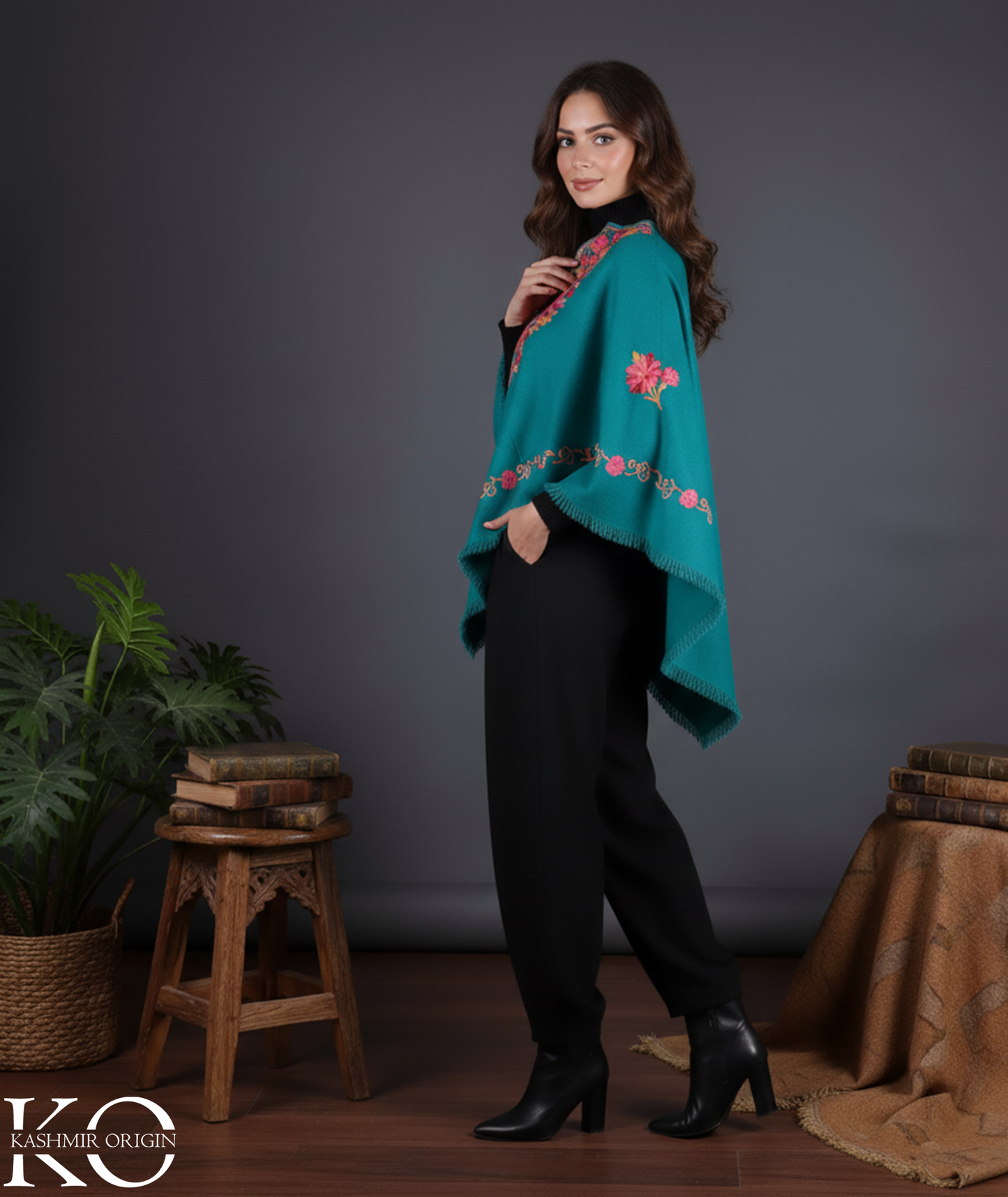 Sapphire Blue Poncho with Aari Embroidery, Kashmir Embroidery