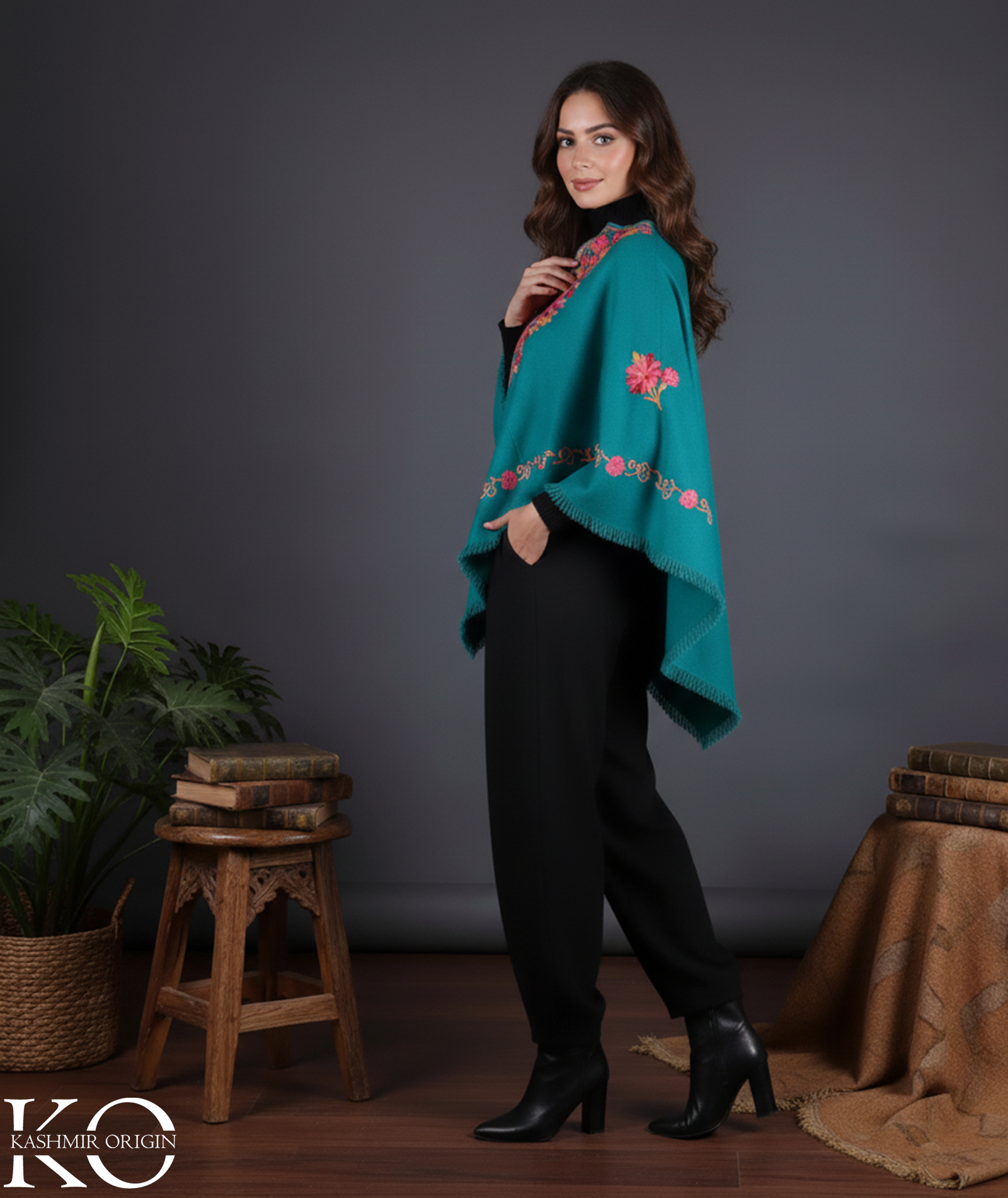 Sapphire Blue Poncho with Aari Embroidery, Kashmir Embroidery