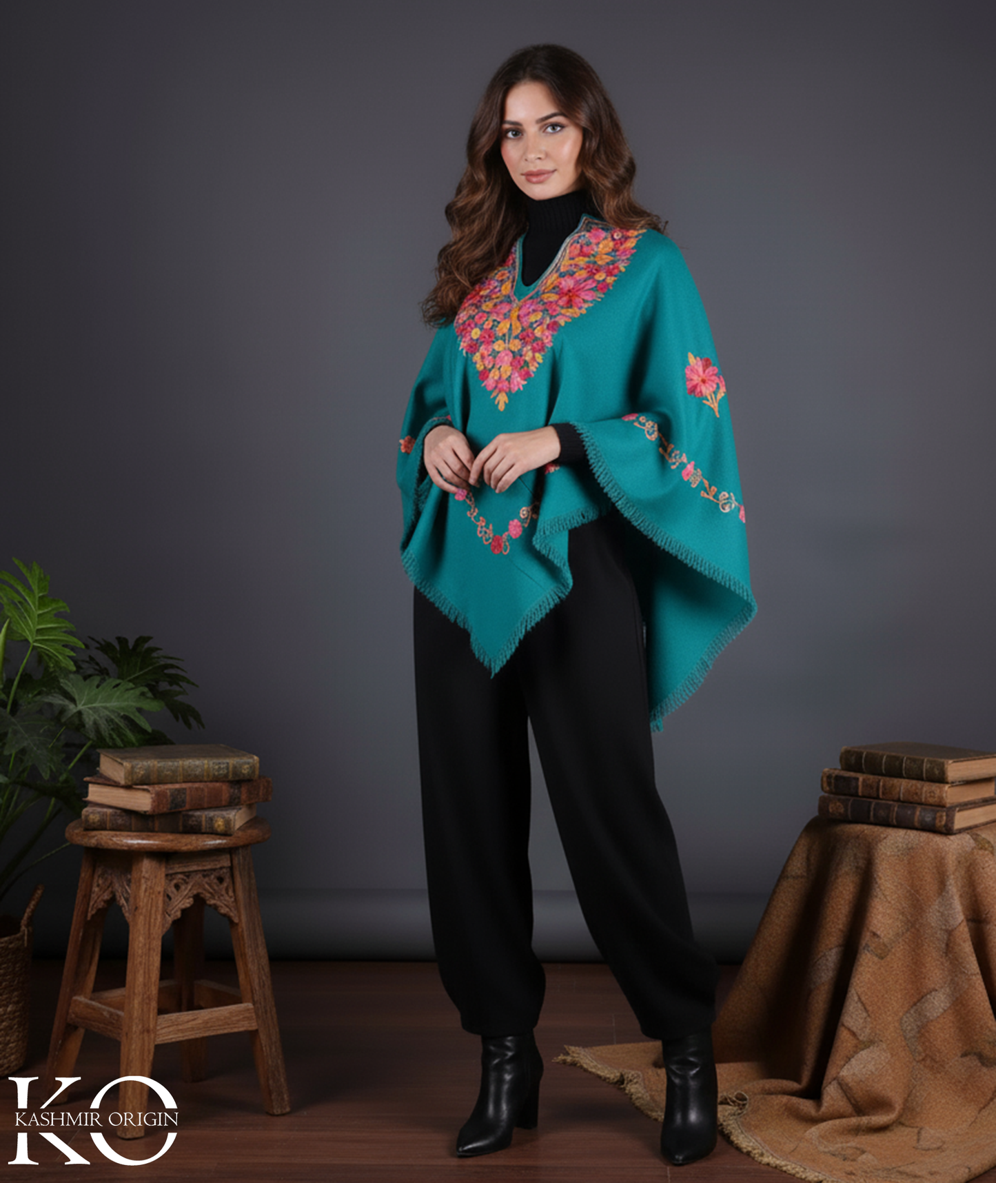Sapphire Blue Poncho with Aari Embroidery, Kashmir Embroidery
