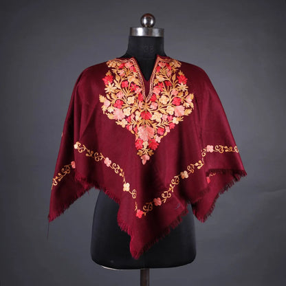 Maroon Poncho with Aari Embroidery, Kashmir Embroidery