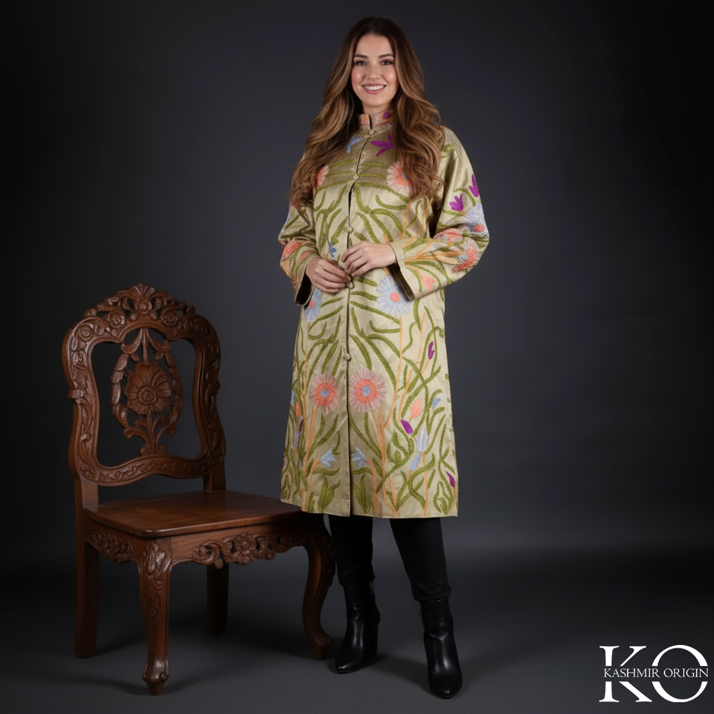 Golden Base Floral Design Aari Embriodery Kashmiri Silk Jacket