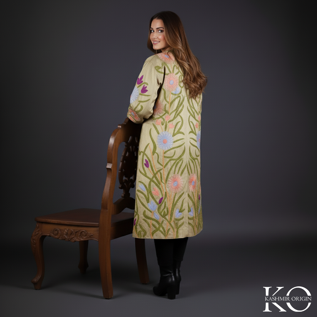 Golden Base Floral Design Aari Embriodery Kashmiri Silk Jacket