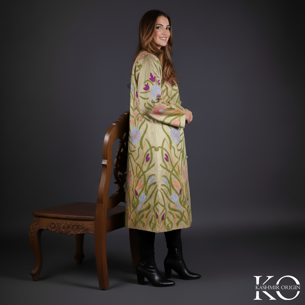 Golden Base Floral Design Aari Embriodery Kashmiri Silk Jacket