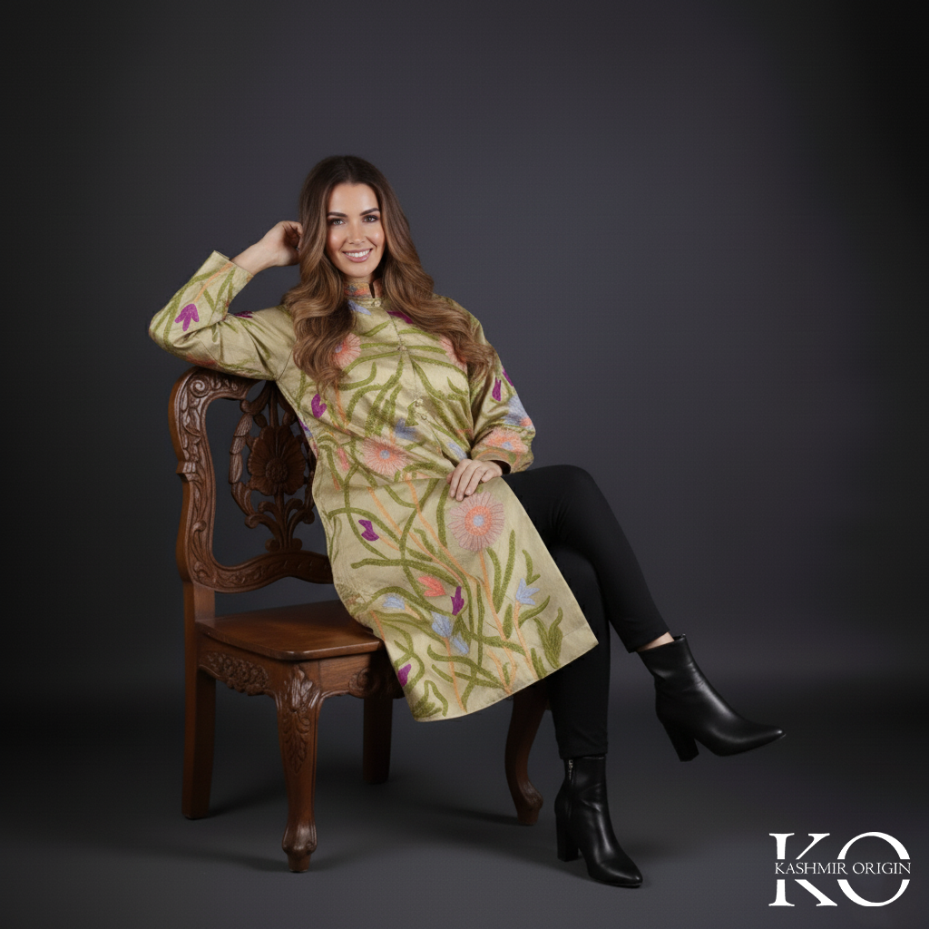 Golden Base Floral Design Aari Embriodery Kashmiri Silk Jacket