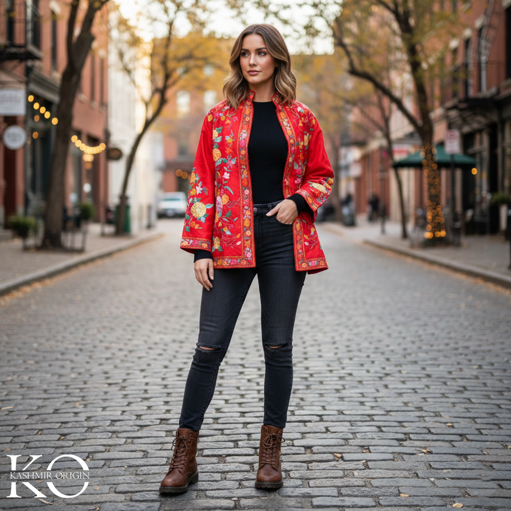 Red Base Floral Design Aari Embroidery kashmiri Silk Jacket | Silk Jacket for women | Short Jackets | Made in kashmir